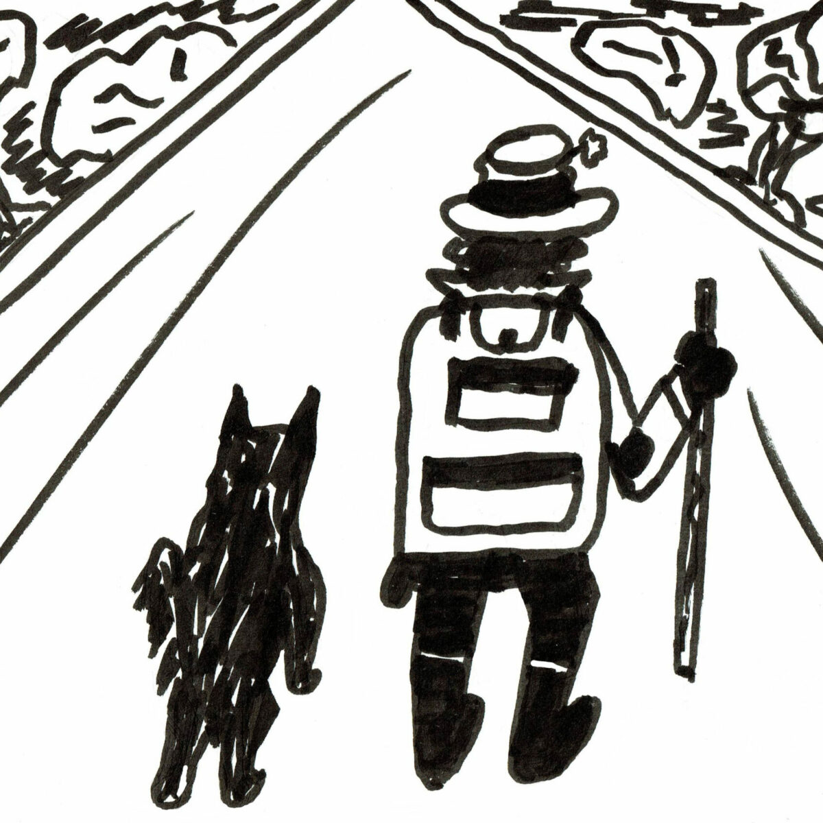 Zwei Freunde - ein Hund und ein Mann auf einer Landstraße